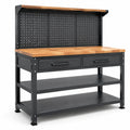 Werkbank mit Stahlrahmen und Eichenholzplatte 150x60x160cm Schwarz