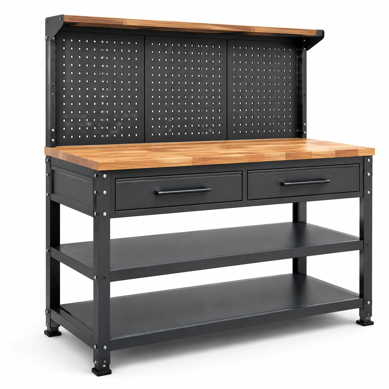 Werkbank mit Stahlrahmen und Eichenholzplatte 150x60x160cm Schwarz
