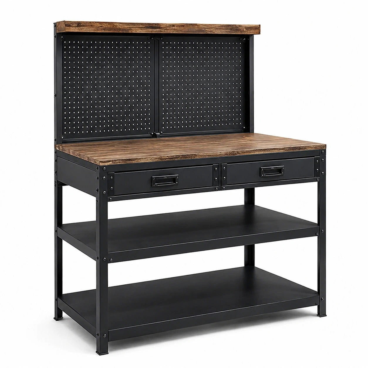 Metallwerkbank mit Massivholzplatte, Schwarz, 120x60x150 cm