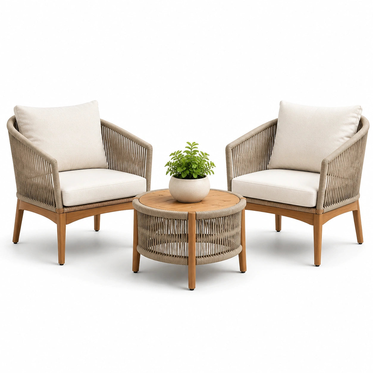 3-teiliges Bistro-Set aus Akazienholz und Polyesterseilen in Creme