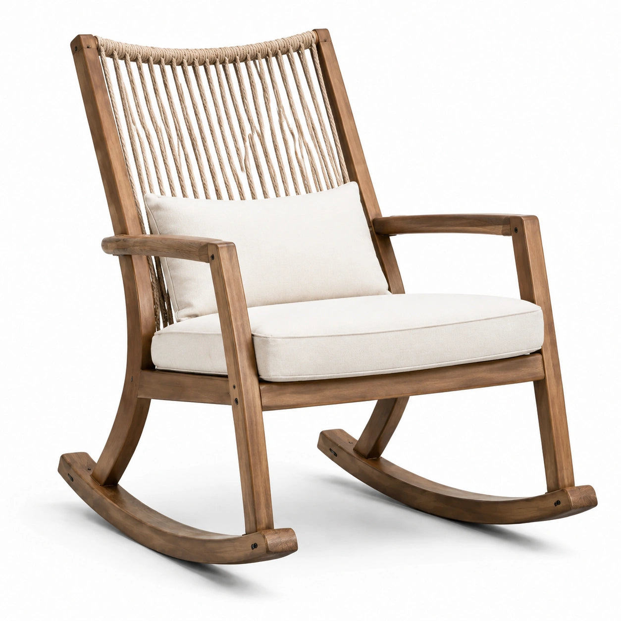 Fotel bujany z drewna teak z kremową poduszką i liną