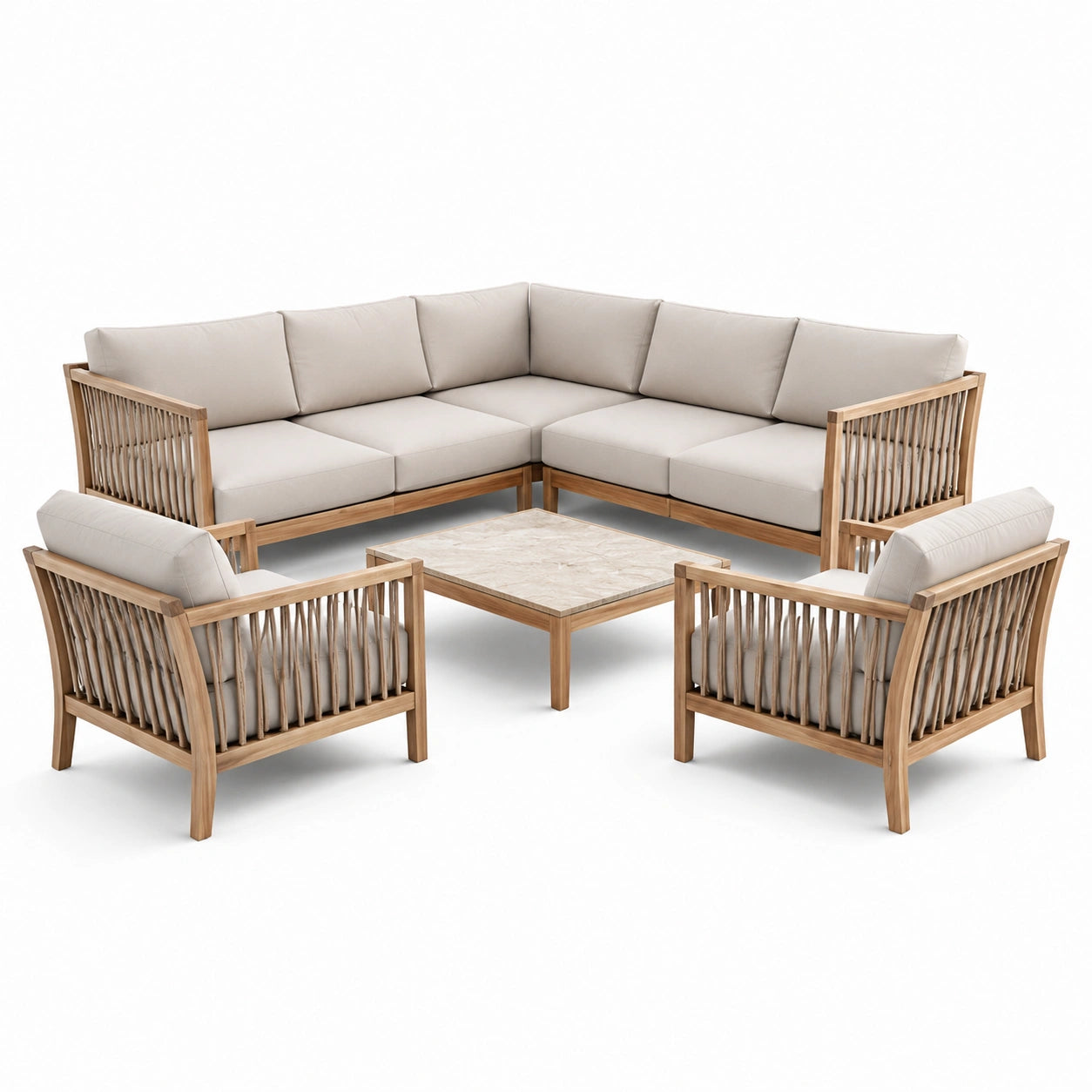 Ecksofa-Set aus Teakholz mit Polyesterbezug in Beige mit Tisch