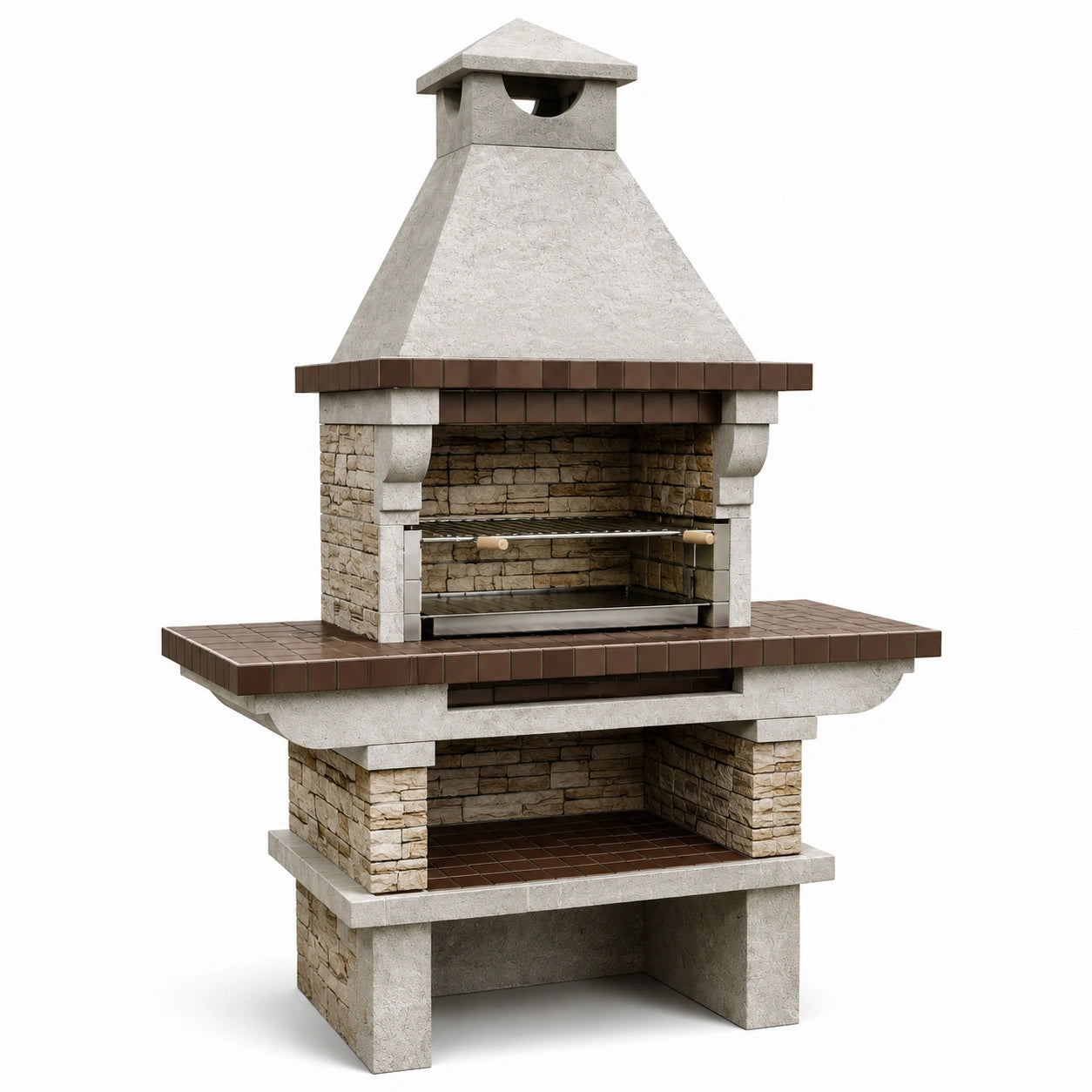 Stein-Grillkamin mit Keramikfliesen und Edelstahlrost Grau/Braun 200x120x65 cm